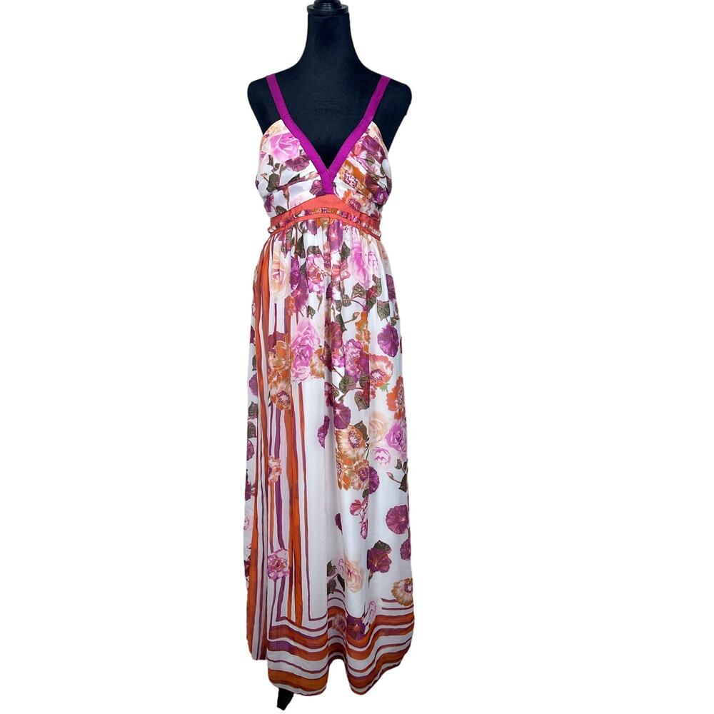 Alberta Ferretti Floral Maxi Dress Size 6 White Purple Orange Chiffon V-Neck EUC